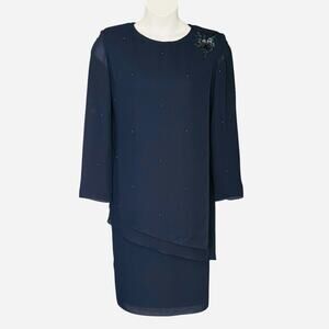 Vintage 80s Patra Navy Blue Elegant Party Dress Sz 16 Chiffon Sequined Applique